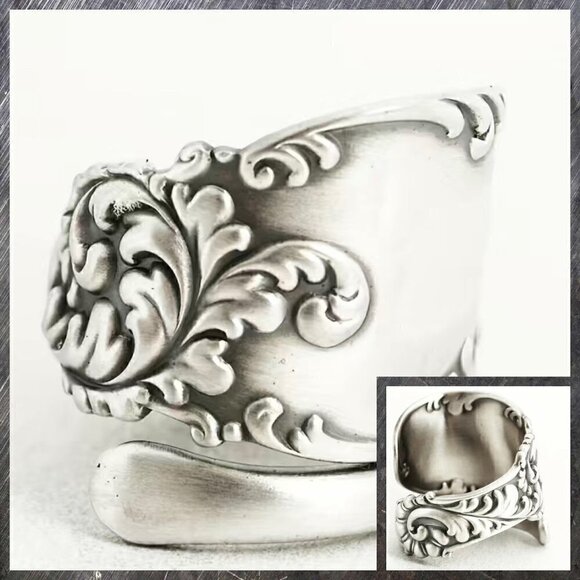 Boho Scroll and Leaf Adjustable Spoon Ring #1153 - Picture 1 of 8